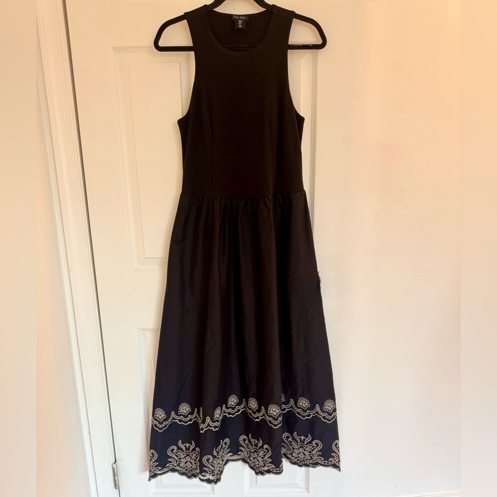 Nicole Miller Sleeveless Black Maxi Dress with Cream Embroidered Hem